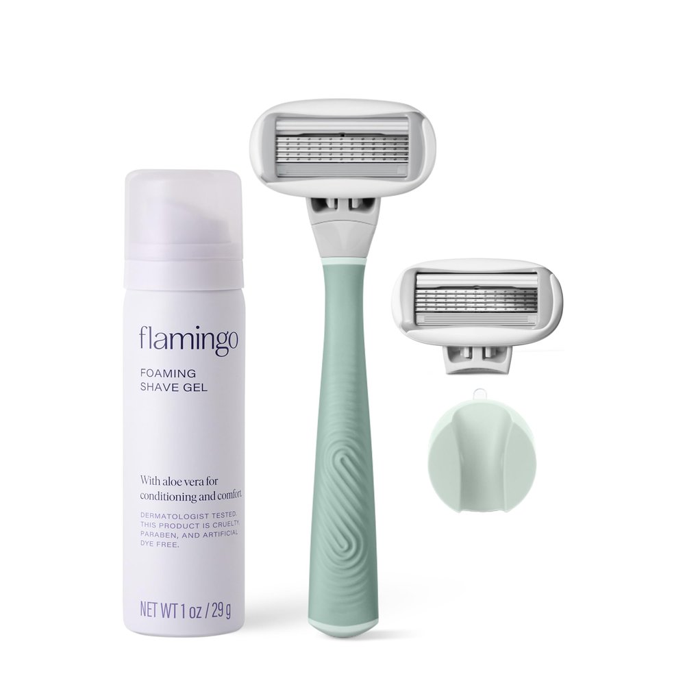 Flamingo Shaving Razor Set for Women - Original Razor Handle, 2 Blade Refills, Foaming Shaving Gel, and Shower Holder - Sage