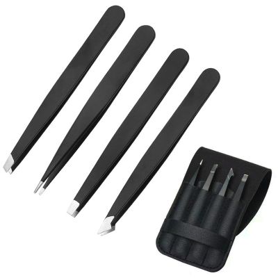 Stainless steel eyebrow clip 1.2 thick 96mm eyebrow clip set of four black diagonal eyelash forceps Fourpieceset(inleatherbag)