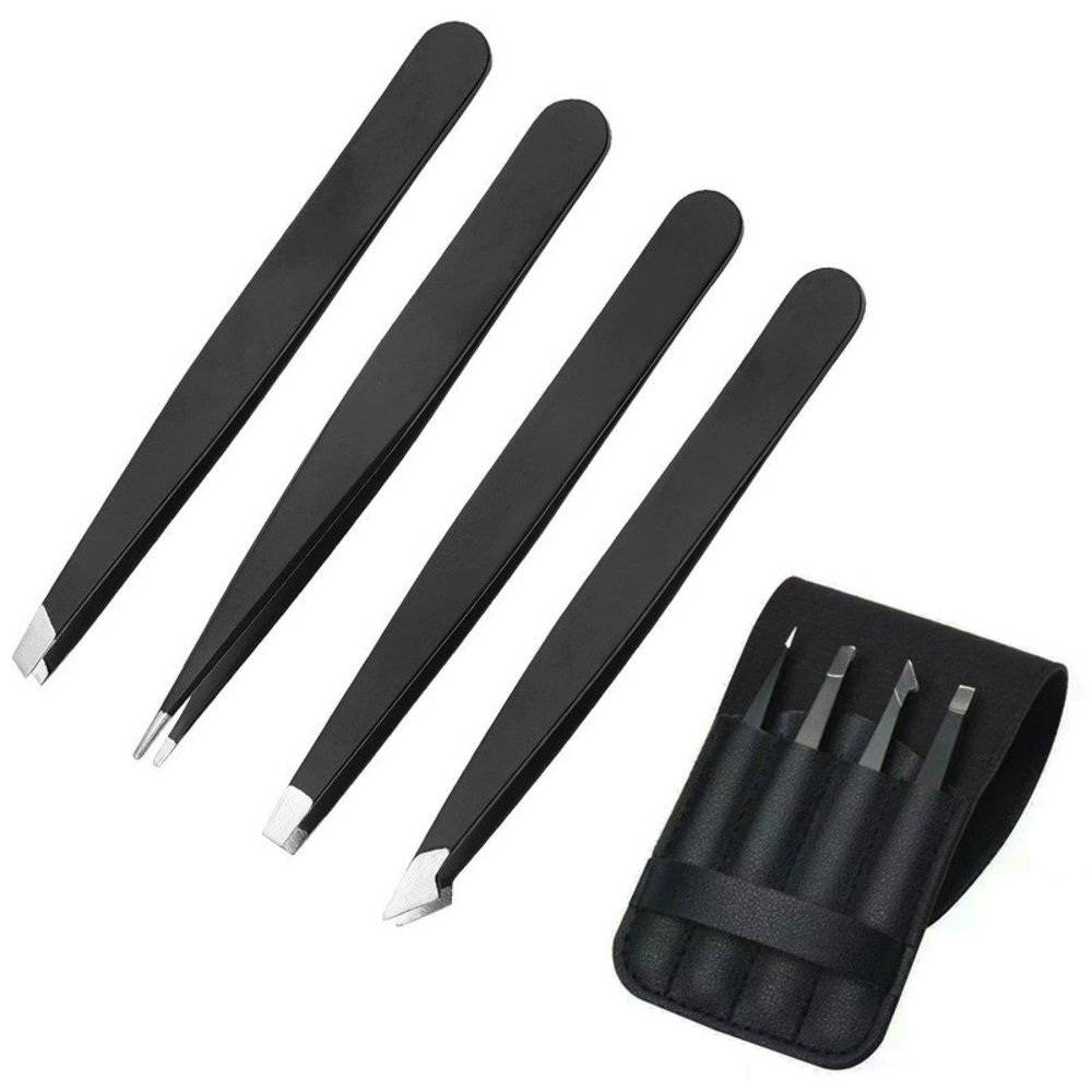 Stainless steel eyebrow clip 1.2 thick 96mm eyebrow clip set of four black diagonal eyelash forceps Fourpieceset(inleatherbag)