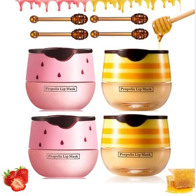 4PCS Bee Lip Balm Honey Pot - Honey & Strawberry Mask With Brush, Moisturizing & Hydrating, Prevents Dry and Cracked Lips, Reduces Lines - Lip Care Product