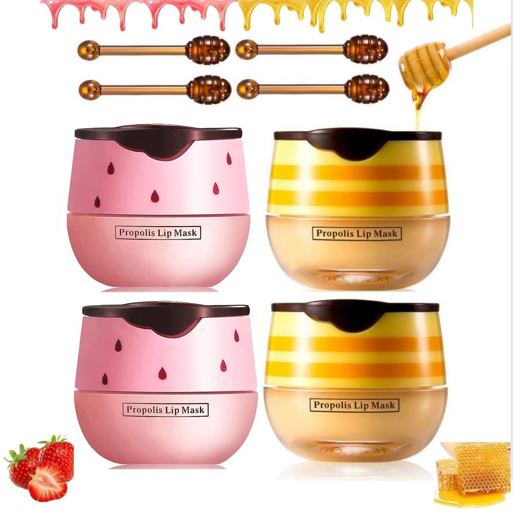 4PCS Bee Lip Balm Honey Pot - Honey & Strawberry Mask With Brush, Moisturizing & Hydrating, Prevents Dry and Cracked Lips, Reduces Lines - Lip Care Product