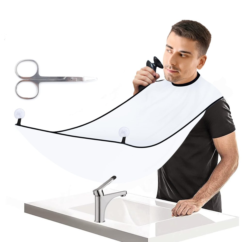 Beard Bib Apron Kit, Men Shaving Apron Beard Hair Catcher Waterproof Non-Stick Trimming Grooming Cape Cloth Includes Scissors and 2 Suction Cups (White)