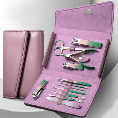 12-Piece Nail Clipper Set Complete Gradient Manicure Set Box Diagonal Nail Clipper Personal Care Pedicure Tools,Rose 12 pcs