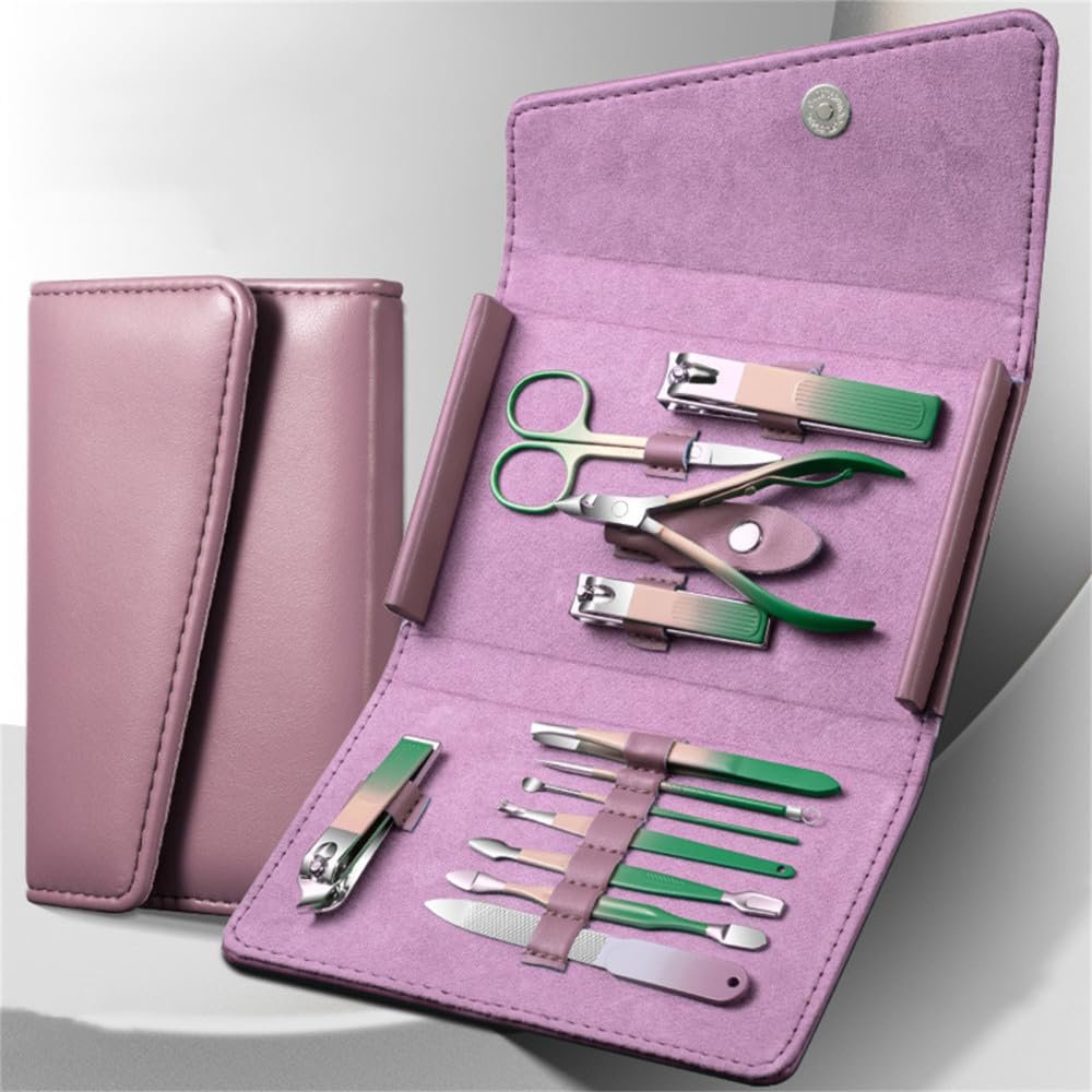 12-Piece Nail Clipper Set Complete Gradient Manicure Set Box Diagonal Nail Clipper Personal Care Pedicure Tools,Rose 12 pcs