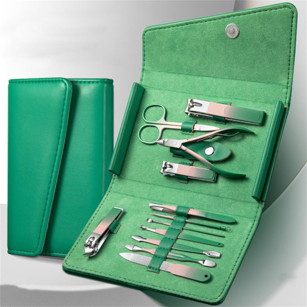12-Piece Nail Clipper Set Complete Gradient Manicure Set Box Diagonal Nail Clipper Personal Care Pedicure Tools,green 12 pcs