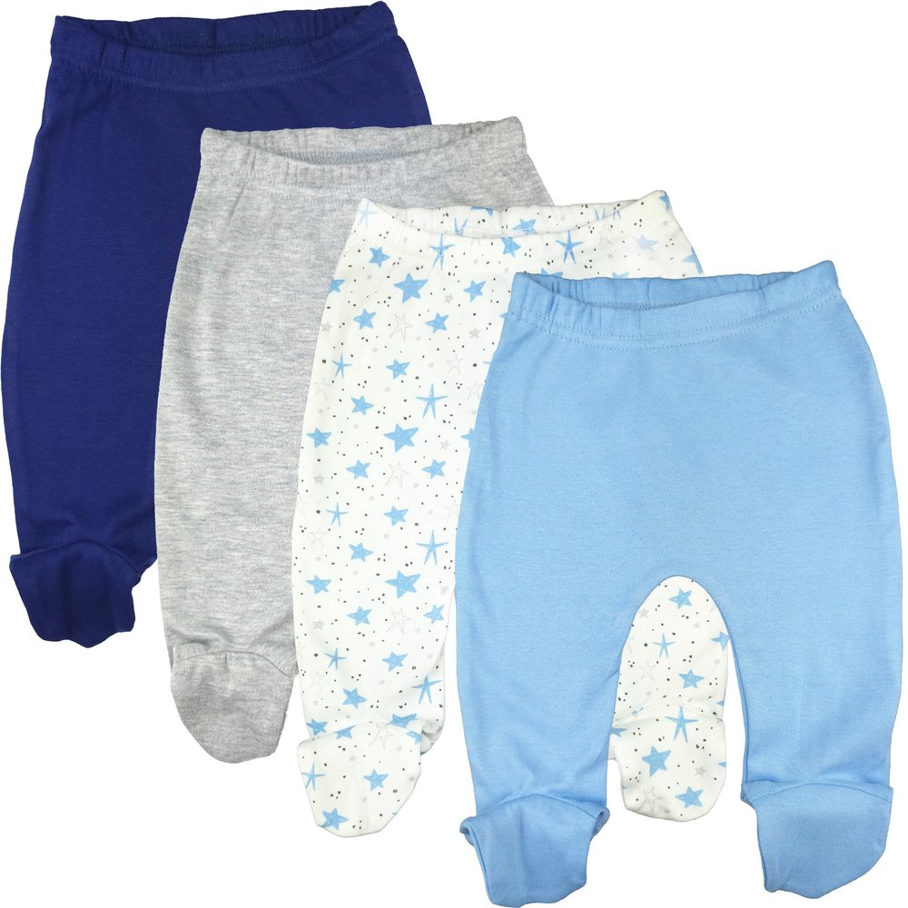 123 Bear 100% Cotton Baby Pants with Footies 100% Cotton Unisex Boys Girls (Newborn, 4-Pack Blue-Navy)