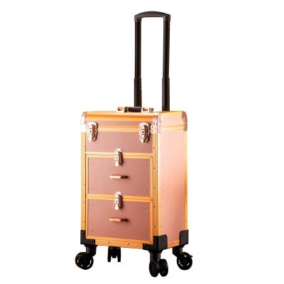 Beauty Makeup Train Case Travel Trolley Cosmetic Bag Rolling Organizer Vanity Box , Rolling Makeup Case Travel Train Case With Wheels Cosmetic Trolley , Sturdy Carrying Handle, Rose Gold cosmetic case