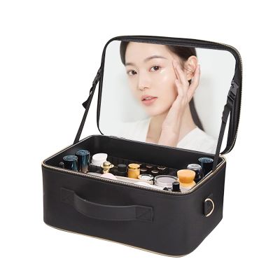 Makeup Bag Cosmetic Case Portable Travel Vanity Beauty Box , With Shoulder Strap And Dividers Compartment, Adjustable Dividers, Cosmetic Bag With Mirror, PU Leather Fabric,Black cosmetic case ( Color