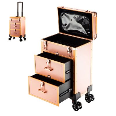 3 Layer Large Professional Cosmetic Train Case, Rolling Makeup Train Case With Wheels Cosmetic Travel Train Case With 4 Detachable Wheels,Professional Makeup Luggage On Wheel For Makeup Artist cosmeti