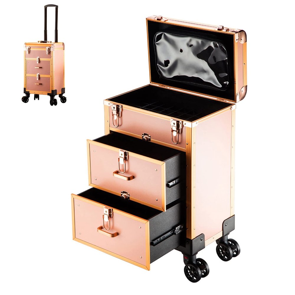 3 Layer Large Professional Cosmetic Train Case, Rolling Makeup Train Case With Wheels Cosmetic Travel Train Case With 4 Detachable Wheels,Professional Makeup Luggage On Wheel For Makeup Artist cosmeti