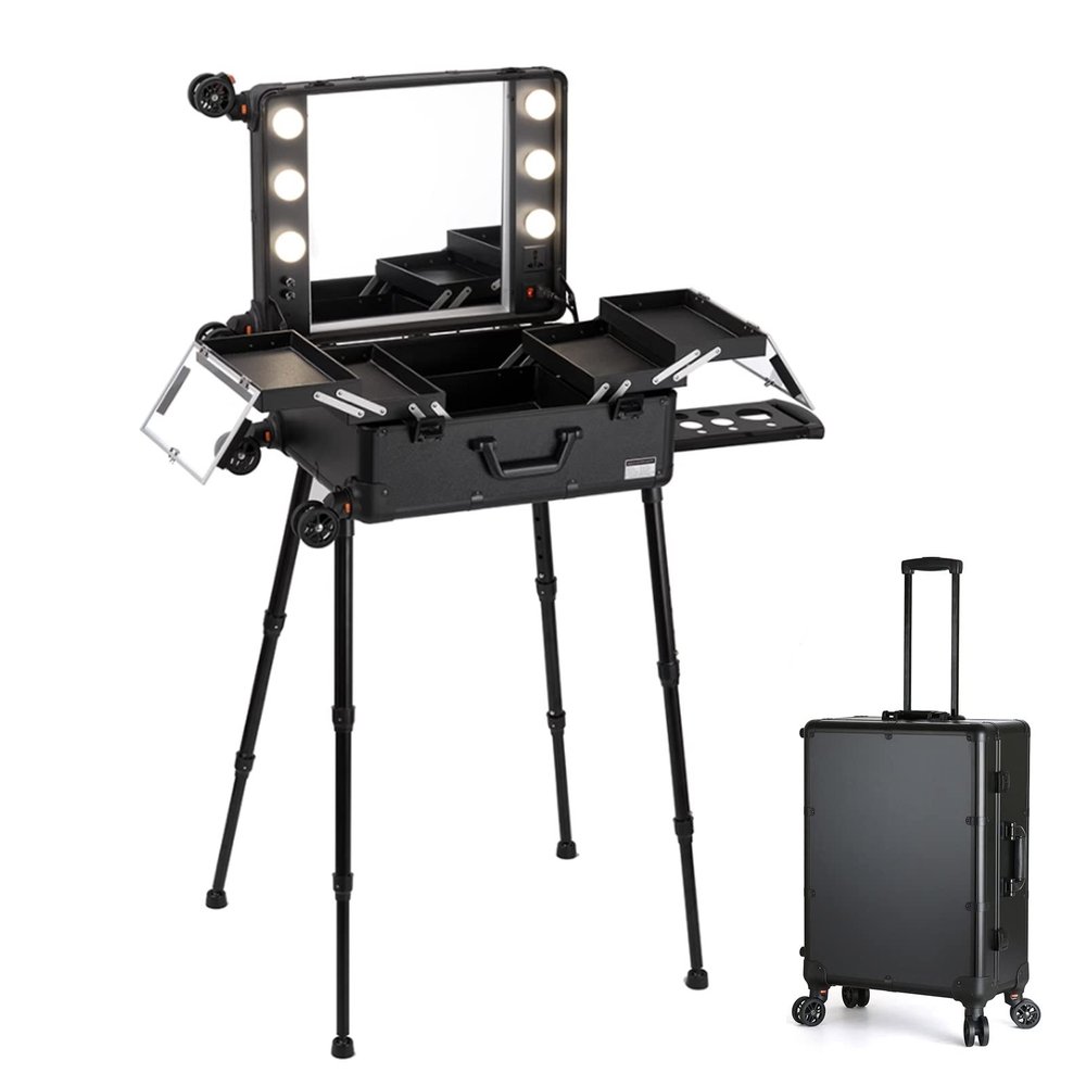 Rolling Makeup Train Case With Lighted Mirror, Make Up Cosmetic Orgainzer Box Travel Case, Professional Protable Aluminum Trolley Salon Staion, Double Knob Control Two-colour Infinitely Dimmable cosme