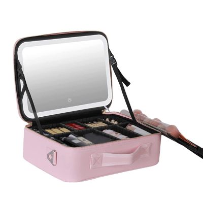 Travel Makeup Train Case Makeup Cosmetic Case Organizer Portable Artist Storage Bag, Three Light Sources, PU Leather Surface, LED Make-up Case With Mirror, Black/pink cosmetic case ( Color : Pink )