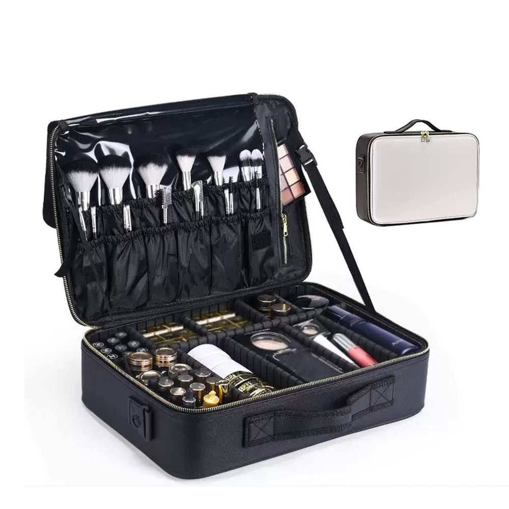 Makeup Bag Cosmetic Case Portable Travel Makeup Train Case Beauty Box, With Adjustable Compartments, Travel Makeup Bag Makeup Brush Bag, Electroplated Metal Zip,Black cosmetic case ( Color : White and