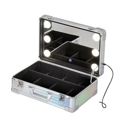 Professional Cosmetic Case Makeup Brush Organizer Makeup Artist Case, Cosmetic Case With LED Light And Mirror, 3-color Light Source, Luggage Trolley Straps, Silver cosmetic case ( Color : Silver , Siz