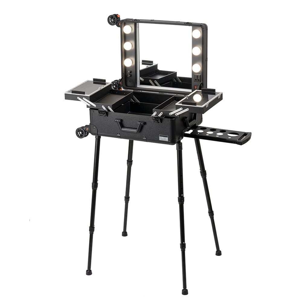 Aluminum Trolley Makeup Train Case With LED Lights Professional Cosmetic Organizer Studio, Wheels And Stands Rolling Lighted Makeup Vanity Station For Travel, Two-colour Infinitely Dimmable,Black cosm