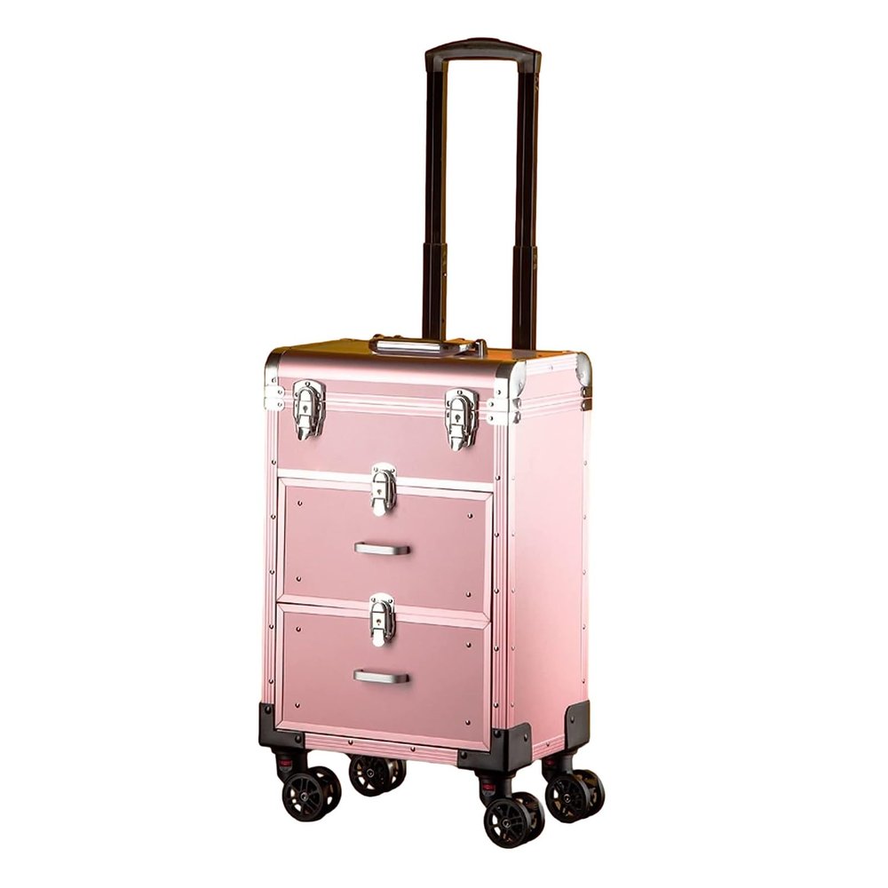 Beauty Makeup Train Case Travel Trolley Cosmetic Bag Rolling Organizer Vanity Box , Rolling Makeup Case Travel Train Case With Wheels Cosmetic Trolley , Sturdy Carrying Handle, Rose Gold cosmetic case