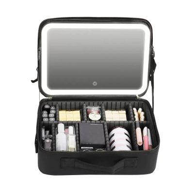 Makeup Travel Lighted Case With Large LED Light Mirror Organizer Professional Adjustable Divider Storage, Three Colour Light Sources, Professional Makeup Artist Bag Makeup Train Case,Black / Pink cosm