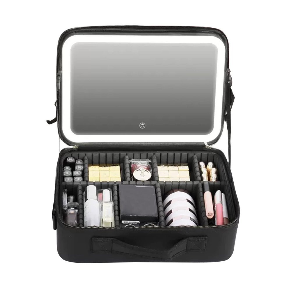 Makeup Travel Lighted Case With Large LED Light Mirror Organizer Professional Adjustable Divider Storage, Three Colour Light Sources, Professional Makeup Artist Bag Makeup Train Case,Black / Pink cosm