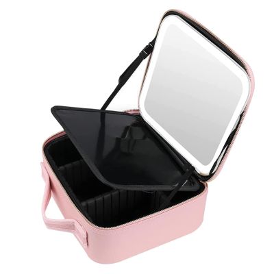 Makeup Travel Lighted Case With Large LED Light Mirror Coetic Bag Organizer Professional, Three Colour Light Sources, Waterproof Portable Make Up Train Box Accessories And Tools Case ( Black / Pink) c