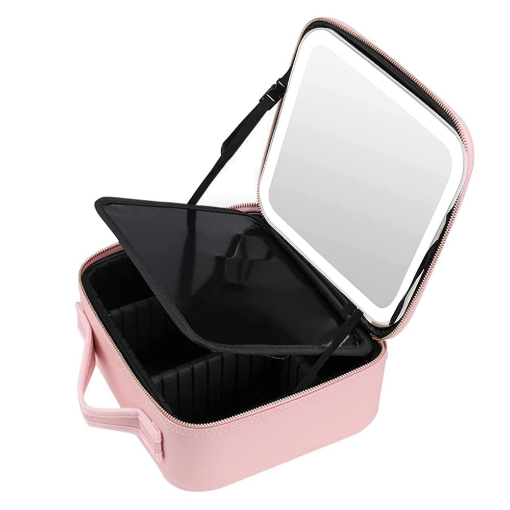 Makeup Travel Lighted Case With Large LED Light Mirror Coetic Bag Organizer Professional, Three Colour Light Sources, Waterproof Portable Make Up Train Box Accessories And Tools Case ( Black / Pink) c