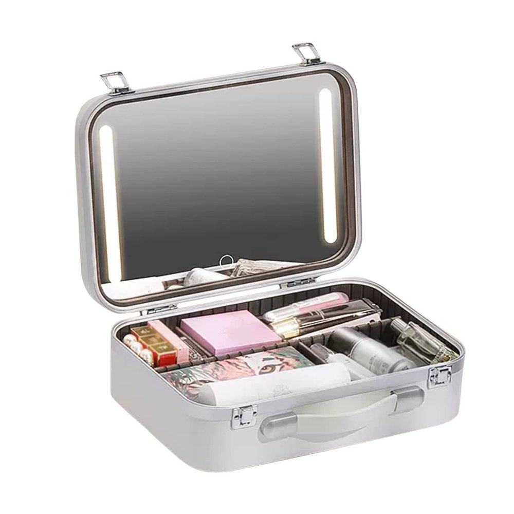 Travel Makeup Bag Cosmetic Case, Professional Makeup Case With Adjustable LED Warm Lights,Three Colour Light Source, With Removable Compartment, Portable LED Mirror Make-up Bag cosmetic case ( Color :