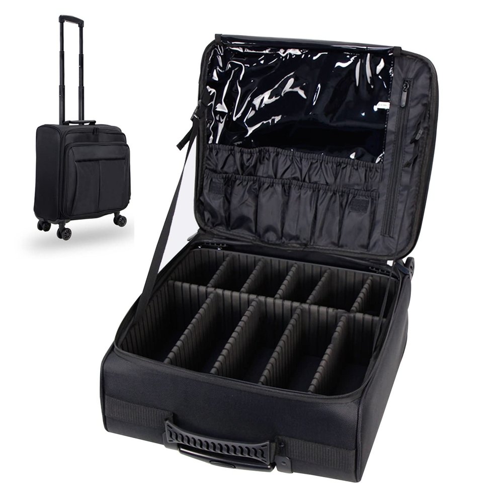 Beauty Makeup Train Case Travel Trolley Cosmetic Bag Rolling Organizer Vanity Box, Travel Makeup Bag Cosmetic Case, Oxford Cloth Material, Removable Dividers, Three Adjustable Trolleys,black cosmetic