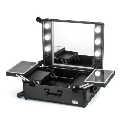 HJXGQJM Rolling Makeup Case Professional Makeup Train Case with Mirror and Lights Portable Train Case Dimmable LED Bulbs Travel Cosmetic Suitcase Vanity Beauty Box, Black 58X45X22.5CM Cosmetic case