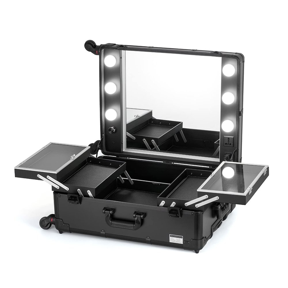 HJXGQJM Rolling Makeup Case Professional Makeup Train Case with Mirror and Lights Portable Train Case Dimmable LED Bulbs Travel Cosmetic Suitcase Vanity Beauty Box, Black 58X45X22.5CM Cosmetic case