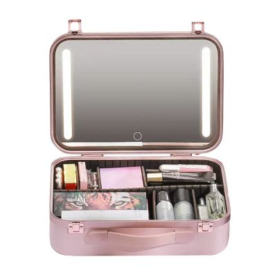 Cosmetic Train Case Beauty Cosmetic Tools Box With Mirror Portable Train Case For Travel, With LED Light, Tricolour Light Source, Case Frame In Aluminium, Makeup Bag Makeup Case, Pink/white cosmetic c