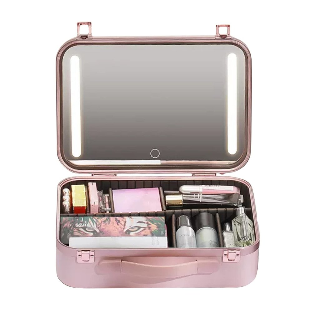 Cosmetic Train Case Beauty Cosmetic Tools Box With Mirror Portable Train Case For Travel, With LED Light, Tricolour Light Source, Case Frame In Aluminium, Makeup Bag Makeup Case, Pink/white cosmetic c