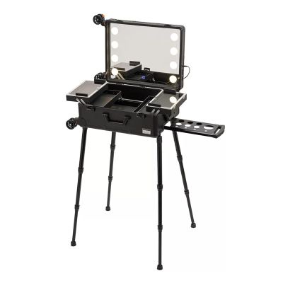 Aluminum Trolley Makeup Train Case With LED Lights ,Full Screen Lighted Mirror 3 Light Colors Travel Cosmetic Organizer Box, Professional Artist Trolley Studio Free Standing Case,Removable Castors cos