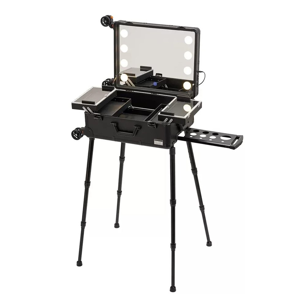 Aluminum Trolley Makeup Train Case With LED Lights ,Full Screen Lighted Mirror 3 Light Colors Travel Cosmetic Organizer Box, Professional Artist Trolley Studio Free Standing Case,Removable Castors cos