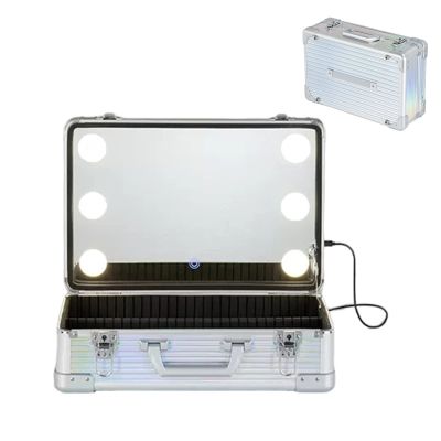 Professional Makeup Case With Mirror And Lights Portable Train Case Dimmable LED Light Travel Cosmetic Suitcase Vanity Beauty Box, 3-colour Light Source, Adjustable Brightness,Silver cosmetic case ( C