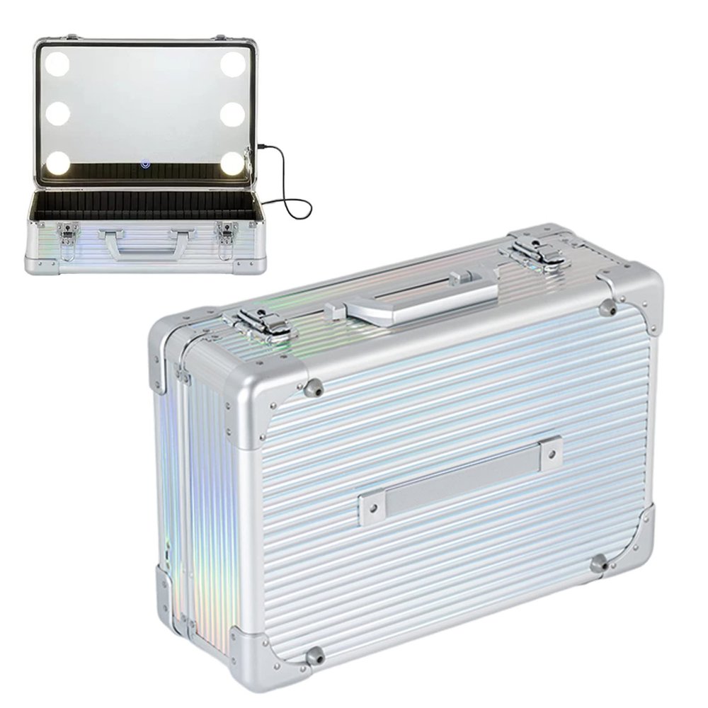 Make-up Case With LED Light,Professional Cosmetic Case Makeup Brush Organizer Makeup Artist Case Train Case, 3-colour Light Source, Aluminium Make Up Case, Adjustable Divider, Silver cosmetic case ( C