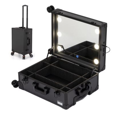 Aluminium Make Up Case, Train Case Rolling Cosmetic Organizer With Rolling Wheels And Mirror, Make-up Case With LED, For Hair Curler Brush Set And Cosmetics, Black cosmetic case ( Color : Black with 6