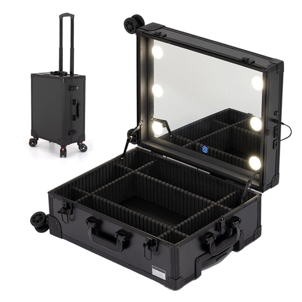 Aluminium Make Up Case, Train Case Rolling Cosmetic Organizer With Rolling Wheels And Mirror, Make-up Case With LED, For Hair Curler Brush Set And Cosmetics, Black cosmetic case ( Color : Black with 6