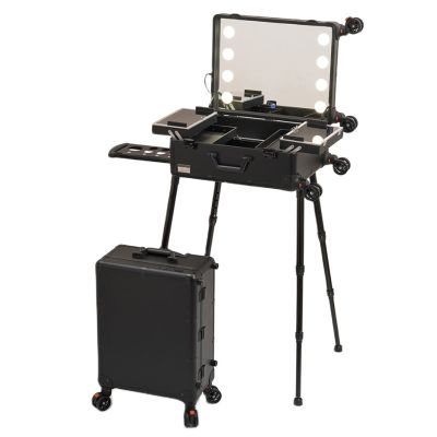 Rolling Makeup Case Professional Makeup Train Case Makeup Artist Travel Organizer, Make-up Case With LED Light, 3-colour Light Source,Cosmetic Case With Stand, Black Aluminium Make Up Case cosmetic ca