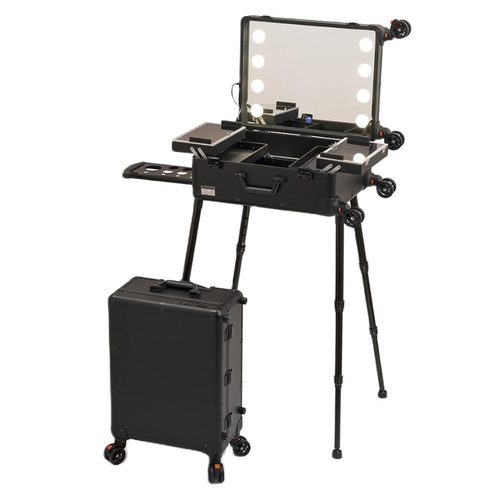 Rolling Makeup Case Professional Makeup Train Case Makeup Artist Travel Organizer, Make-up Case With LED Light, 3-colour Light Source,Cosmetic Case With Stand, Black Aluminium Make Up Case cosmetic ca