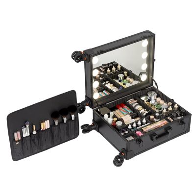 Makeup Case Professional Makeup Case Omni-Directional Wheels, Make-up Case With LED, Adjustable Divider, 3-colour Light Source, Aluminium Trolley Vanity Case Black cosmetic case ( Color : Black with 8