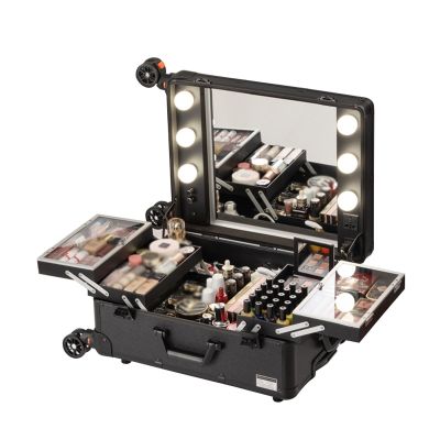 Rolling Makeup Train Case Portable Cosmetic Trolley, Cosmetic Case With LED Light, With Wheels And Stands Rolling Lighted Makeup Vanity Station,black Aluminum Trolley Makeup Train Case cosmetic case (