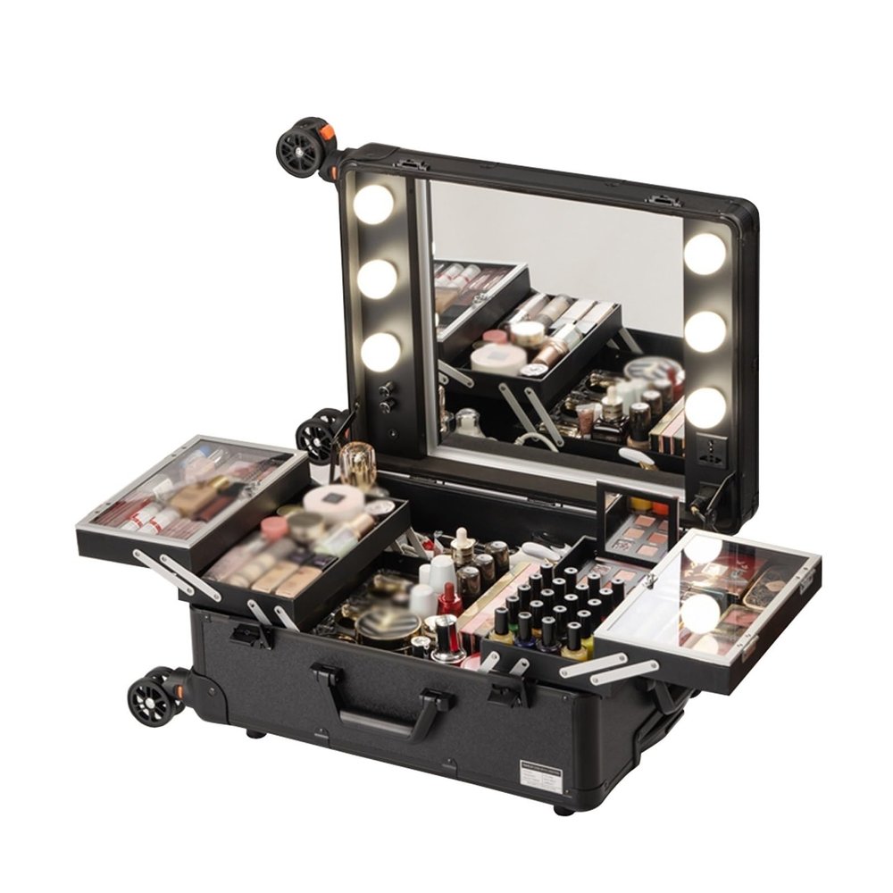 Rolling Makeup Train Case Portable Cosmetic Trolley, Cosmetic Case With LED Light, With Wheels And Stands Rolling Lighted Makeup Vanity Station,black Aluminum Trolley Makeup Train Case cosmetic case (