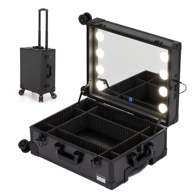 Aluminium Make Up Case, Train Case Rolling Cosmetic Organizer With Rolling Wheels And Mirror, Make-up Case With LED, For Hair Curler Brush Set And Cosmetics, Black cosmetic case ( Color : Black with 8
