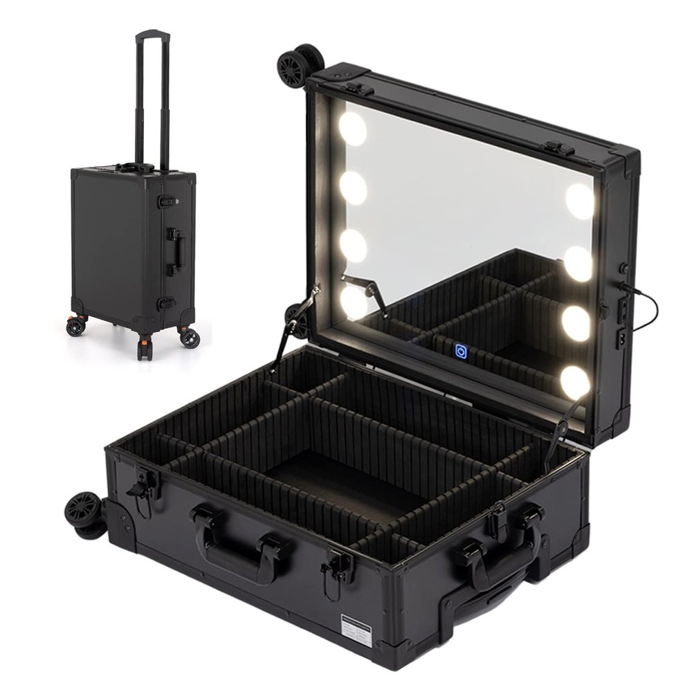 Aluminium Make Up Case, Train Case Rolling Cosmetic Organizer With Rolling Wheels And Mirror, Make-up Case With LED, For Hair Curler Brush Set And Cosmetics, Black cosmetic case ( Color : Black with 8