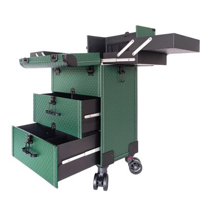 Travel Makeup Case Artist Makeup Train Case Cosmetic Organizer Storage Drawers, For Nail Supplies Cosmetology Case For Hairstylist, Cosmetic Case With Wheels, Portable Cosmetic Trolley,Green cosmetic