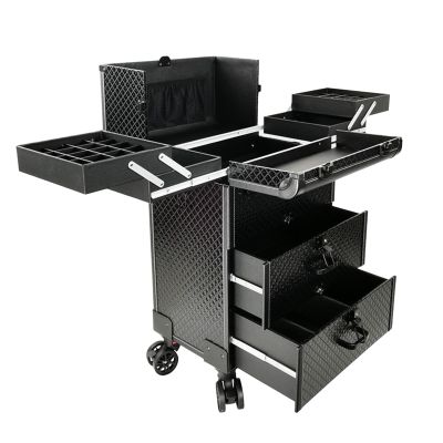 Rolling Makeup Case Professional Makeup Train Case Makeup Artist Travel Organizer Aluminium Make Up Case, Make Up Artist Train Case Hairdressing Tools Organiser With Wheels, Black cosmetic case ( Colo