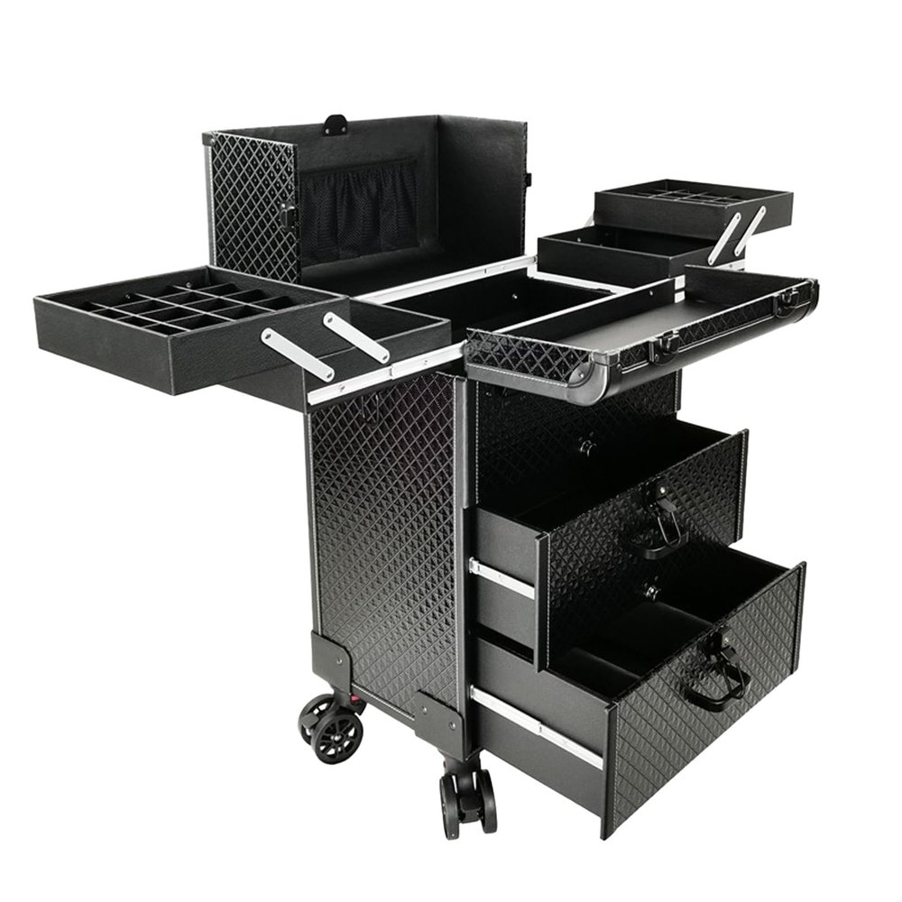 Rolling Makeup Case Professional Makeup Train Case Makeup Artist Travel Organizer Aluminium Make Up Case, Make Up Artist Train Case Hairdressing Tools Organiser With Wheels, Black cosmetic case ( Colo