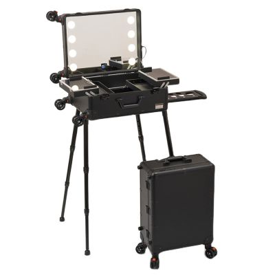 Aluminum Trolley Makeup Train Case With LED Lights Professional Cosmetic Organizer Studio, 3 Shades Of Light, Wheels And Stands Rolling Lighted Makeup Vanity Station For Travel (Black) cosmetic case