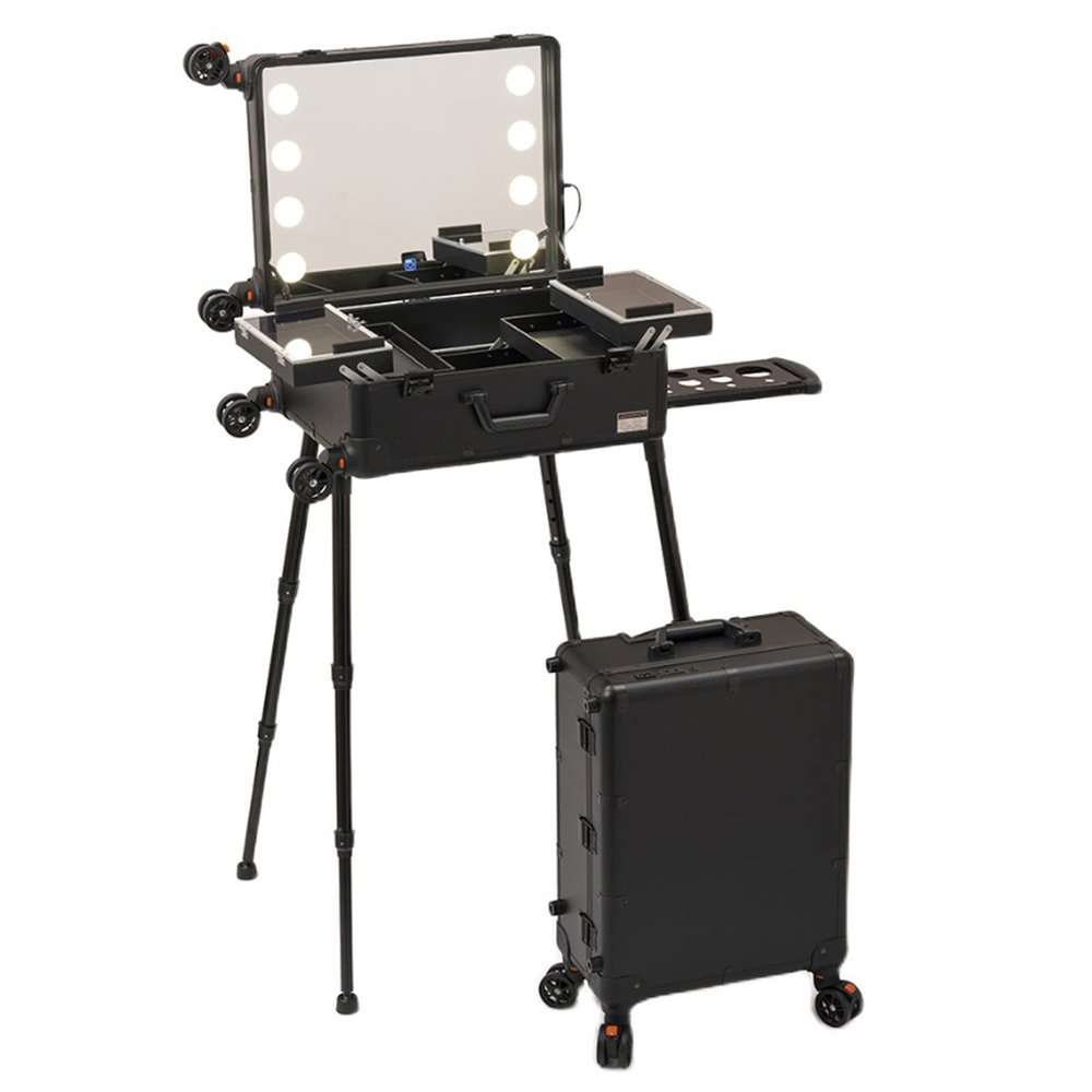 Aluminum Trolley Makeup Train Case With LED Lights Professional Cosmetic Organizer Studio, 3 Shades Of Light, Wheels And Stands Rolling Lighted Makeup Vanity Station For Travel (Black) cosmetic case