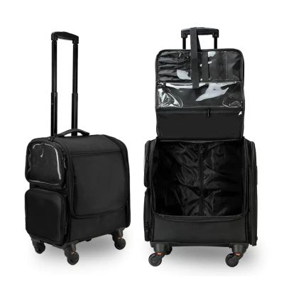 Beauty Makeup Train Case Travel Trolley Cosmetic Bag Rolling Organizer Vanity Box, Travel Makeup Bag Cosmetic Case, Cosmetic Trolley Case In Oxford FabricCosmetic Case With Castors, Black 1 Piece cos