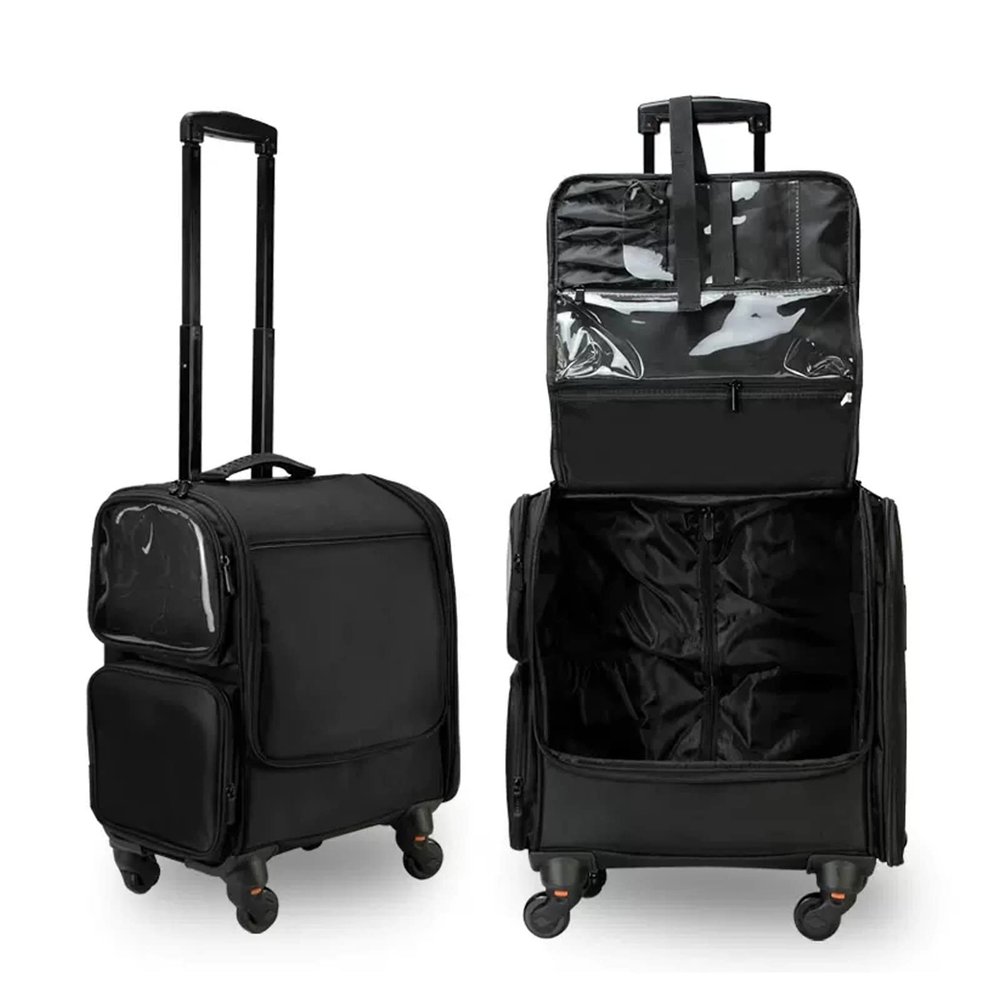 Beauty Makeup Train Case Travel Trolley Cosmetic Bag Rolling Organizer Vanity Box, Travel Makeup Bag Cosmetic Case, Cosmetic Trolley Case In Oxford FabricCosmetic Case With Castors, Black 1 Piece cos